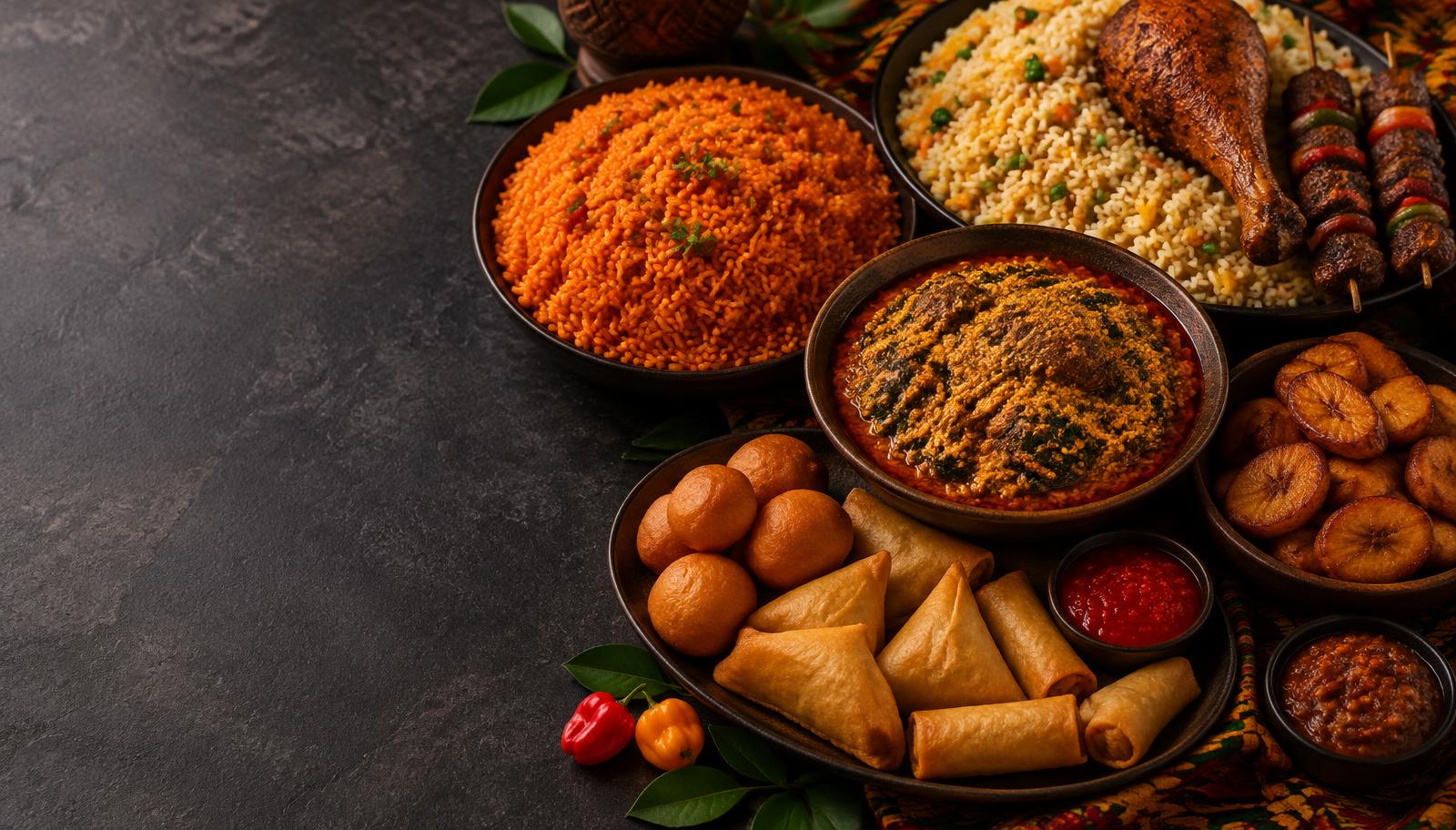 A spread of jollof rice, egusi, plantain and small chops
